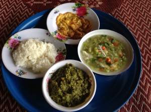 Clockwise: rice, egg omelet, soup with egg, spiced pea puree